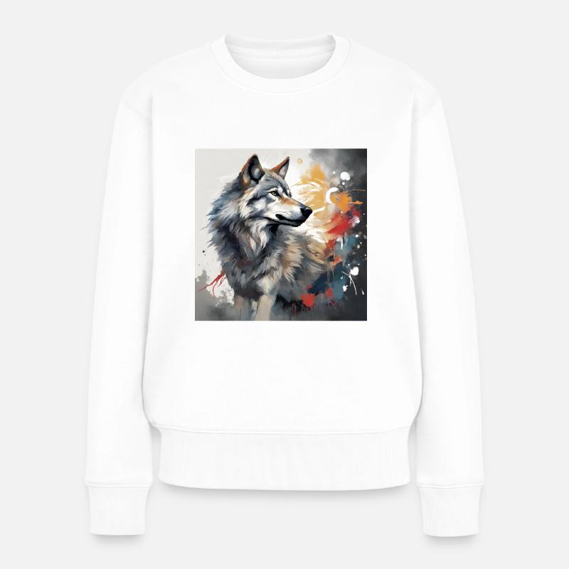 Gemalter Wolf -Tierbild - Wolf T-Shirt kunstvoll - Frauen Premium Bio Pullover - Weiß