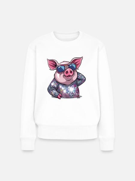 Glitzer Disco Tanz-Diva Schwein - Frauen Premium Bio Pullover - Weiß
