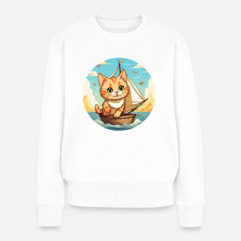Chat à voile sur voilier, cravate coucher de soleil - Pull Premium bio Femme - blanc