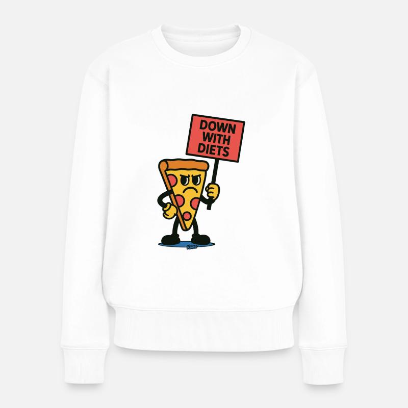 Pizza mit Schild „Nieder mit Diäten!“ - Frauen Premium Bio Pullover - Weiß