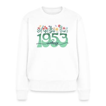 Motif Fleurs 1953 Fête Anniversaire Femme 70 Ans - Pull Premium bio Femme - blanc - Devant - Julia (174cm)