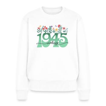Motif Fleurs 1945 Fête Anniversaire Femme 80 Ans - Pull Premium bio Femme - blanc - Devant - Julia (174cm)