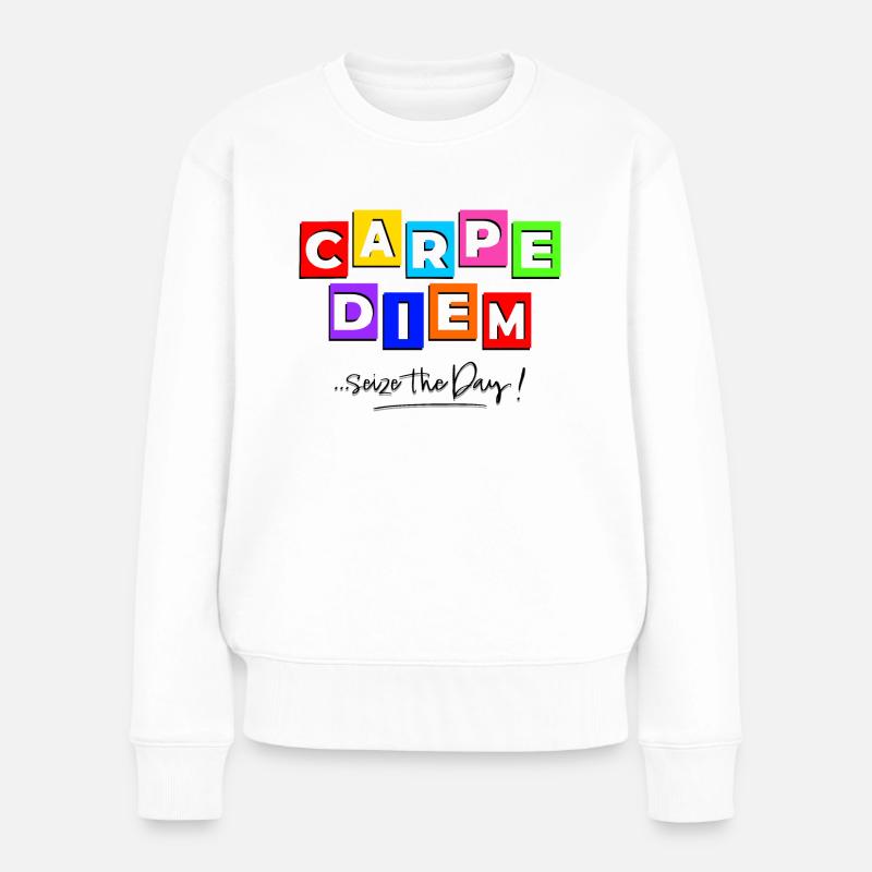 Carpediem im Comic-Stil - Frauen Premium Bio Pullover - Weiß