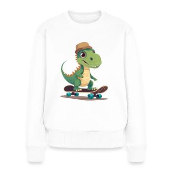 Niedlicher Dinosaurier, der Skateboard fährt - Frauen Premium Bio Pullover - Weiß - Vorne - Julia (174cm)
