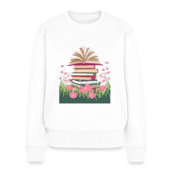 Une pile de livres dans une prairie fleurie - Pull Premium bio Femme - blanc - Devant - Julia (174cm)
