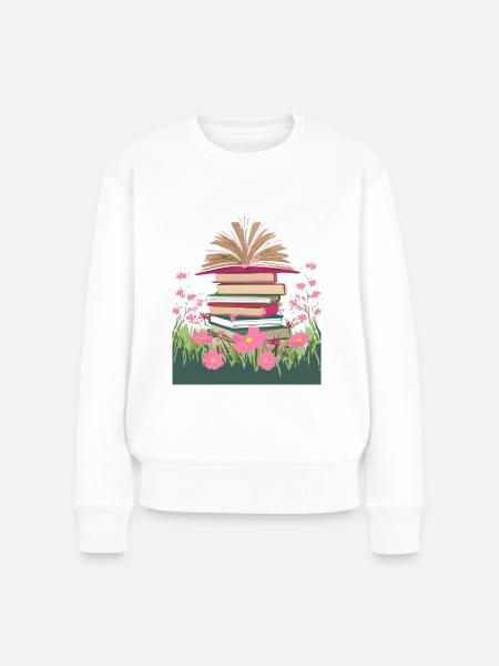 Ein Stapel Bücher auf einer Blumenwiese - Frauen Premium Bio Pullover - Weiß