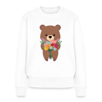 Bär mit Blumenstrauß - Frauen Premium Bio Pullover - Weiß - Vorne - Julia (174cm)