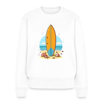 Planche de surf sur la plage avec des coquillages - Pull Premium bio Femme - blanc - Devant - Julia (174cm)