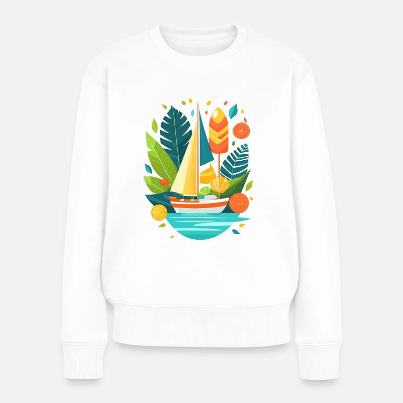 Verrückte Sommer Illustration mit Yacht - Frauen Premium Bio Pullover - Weiß