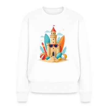 Sommerurlaub am Strand mit Sandburg und Surfbrett - Frauen Premium Bio Pullover - Weiß - Vorne - Julia (174cm)