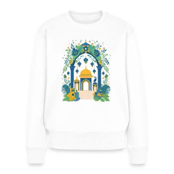 Indischer Tempel mit Säulen, Blumen und Pfau - Frauen Premium Bio Pullover - Weiß - Vorne - Julia (174cm)