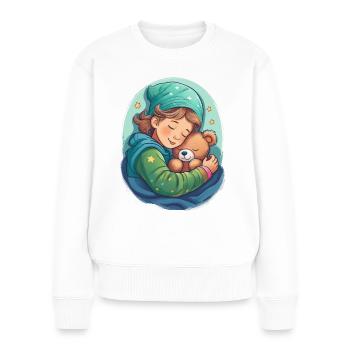 Ein schlafendes Kind mit seinem Teddy - Frauen Premium Bio Pullover - Weiß - Vorne - Julia (174cm)