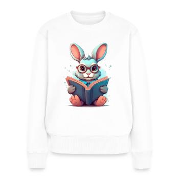 Ein Hase mit Brille liest ein Buch – Schulanfang - Frauen Premium Bio Pullover - Weiß - Vorne - Julia (174cm)