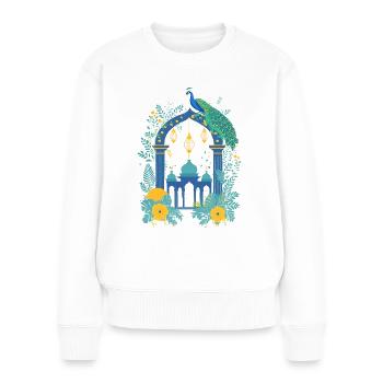 Illustration de temple avec des fleurs et un paon - Pull Premium bio Femme - blanc - Devant - Julia (174cm)