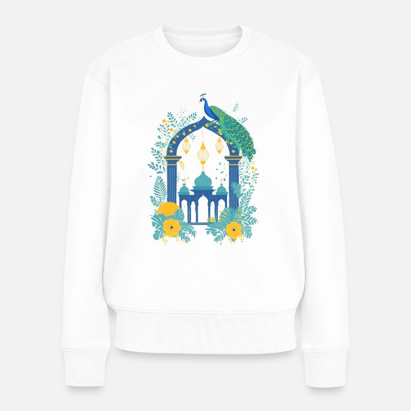Illustration de temple avec des fleurs et un paon - Pull Premium bio Femme - blanc