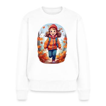 Un enfant joyeux jouant en forêt en automne - Pull Premium bio Femme - blanc - Devant - Julia (174cm)
