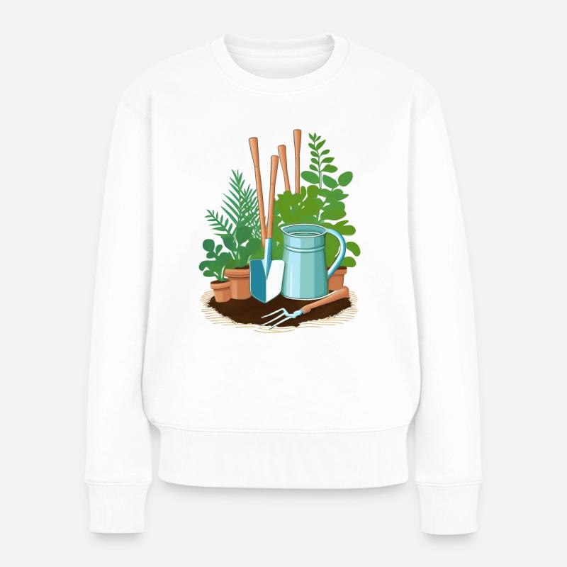 Utensilien eines Gärtners: Schaufel, Harke, ect - Frauen Premium Bio Pullover - Weiß