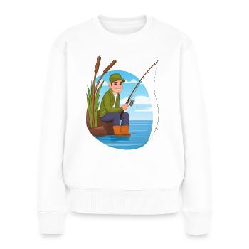 Ein Angler sitzt gemütlich am See und angelt - Frauen Premium Bio Pullover - Weiß - Vorne - Julia (174cm)