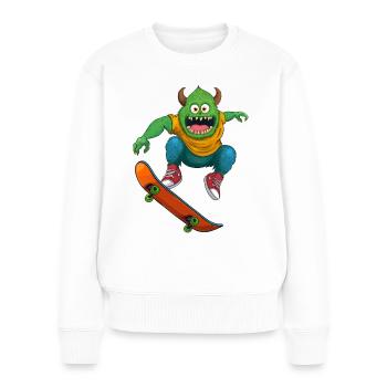 Monster mit Skateboard – Geschenk für Skater - Frauen Premium Bio Pullover - Weiß - Vorne - Julia (174cm)