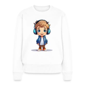 Écouter de la musique avec des écouteurs – illustration - Pull Premium bio Femme - blanc - Devant - Julia (174cm)