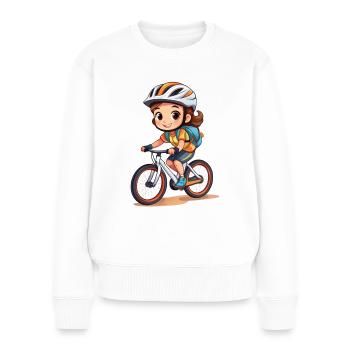 Niedliche Radfahrerin fährt mit ihrem Fahrrad - Frauen Premium Bio Pullover - Weiß - Vorne - Julia (174cm)