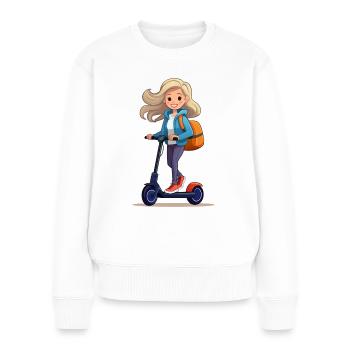 Femme conduisant un scooter électrique - Pull Premium bio Femme - blanc - Devant - Julia (174cm)