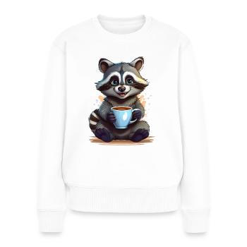Ein glücklicher Waschbär mit einer Tasse Kaffee - Frauen Premium Bio Pullover - Weiß - Vorne - Julia (174cm)