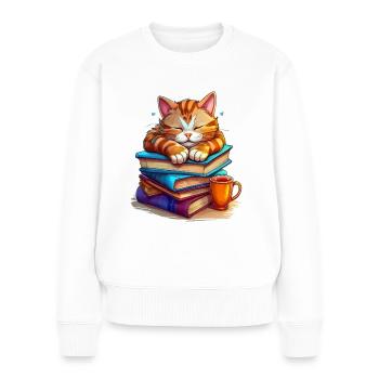 Chat mignon dormant sur une pile de livres - Pull Premium bio Femme - blanc - Devant - Julia (174cm)