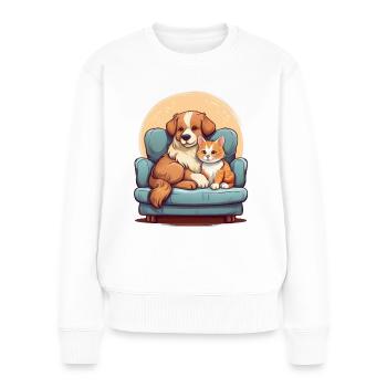 Chien et chat assis ensemble sur le canapé - Pull Premium bio Femme - blanc - Devant - Julia (174cm)