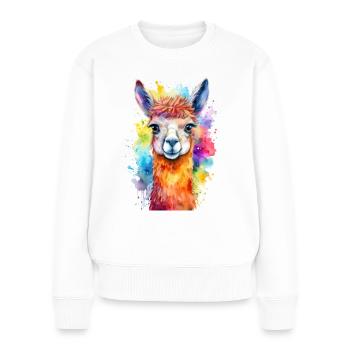 Illustration à l’aquarelle de lama ou d’alpaga - Pull Premium bio Femme - blanc - Devant - Julia (174cm)