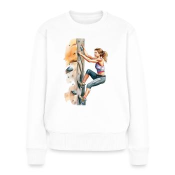 Une femme sur le mur d’escalade - Pull Premium bio Femme - blanc - Devant - Julia (174cm)