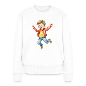 Ein Junge springt vor Freude in die Luft - Frauen Premium Bio Pullover - Weiß - Vorne - Julia (174cm)
