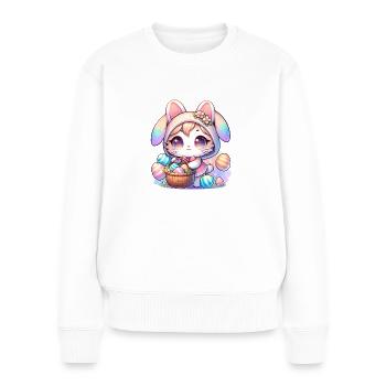 Un chaton avec une tenue de lapin livrant des œufs de Pâques - Pull Premium bio Femme - blanc - Devant - Julia (174cm)