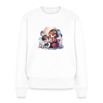 Mutter und Sohn genießen eine gemütliche Teeparty - Frauen Premium Bio Pullover - Weiß - Vorne - Julia (174cm)