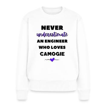 Never underestimate an engineer who loves camogie - Women's Premium Organic Jumper - white - Front - Julia (174cm)