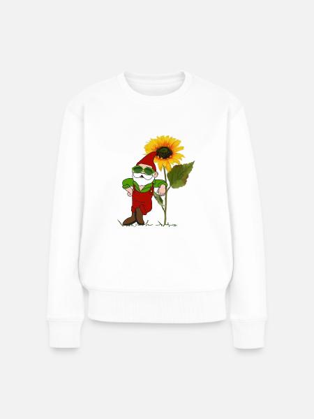 Gartenzwerg, Sonnenblume - Frauen Premium Bio Pullover - Weiß