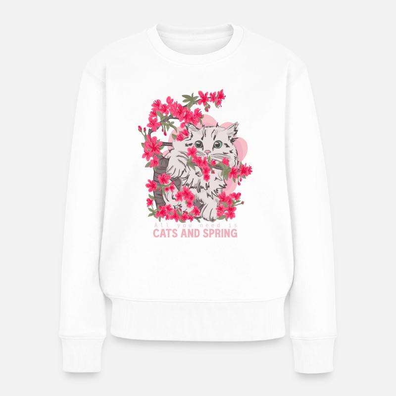 Katze mit Blumen - Frauen Premium Bio Pullover - Weiß