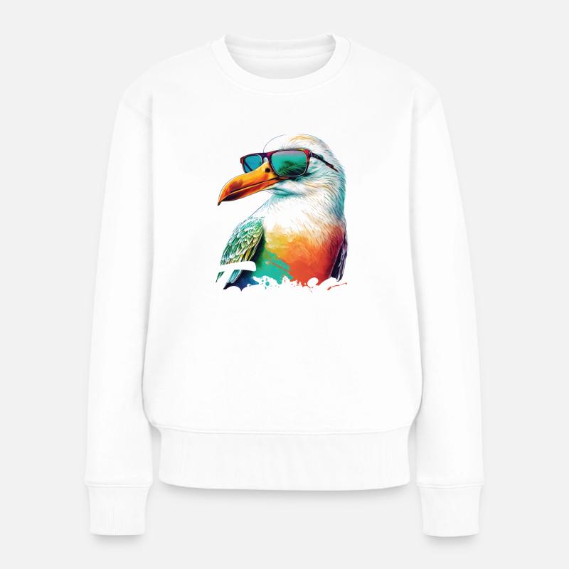 Tenerife Urlaub coole bunte Möwe mit Sonnenbrille - Frauen Premium Bio Pullover - Weiß