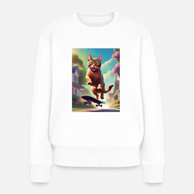 Katze Skateboaring - Frauen Premium Bio Pullover - Weiß