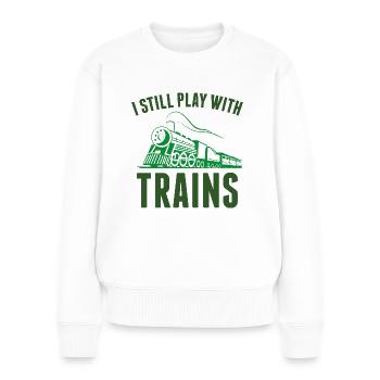 Ich spiele immer noch mit Zügen - Frauen Premium Bio Pullover - Weiß - Vorne - Julia (174cm)