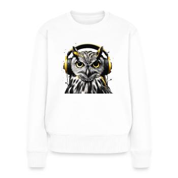 Hibou avec casque d’écoute dans un style monochrome - Pull Premium bio Femme - blanc - Devant - Julia (174cm)