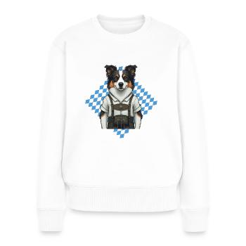 Der Bayerische Border Collie in Lederhose - Frauen Premium Bio Pullover - Weiß - Vorne - Julia (174cm)