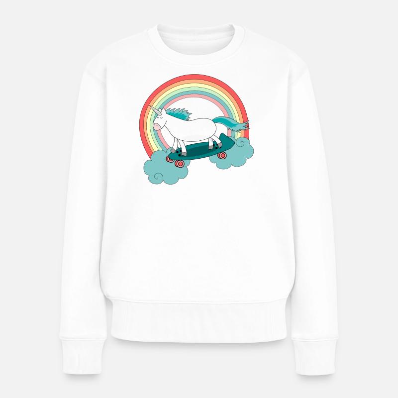 Einhorn Skateboard Longboard Regenbogen - Frauen Premium Bio Pullover - Weiß