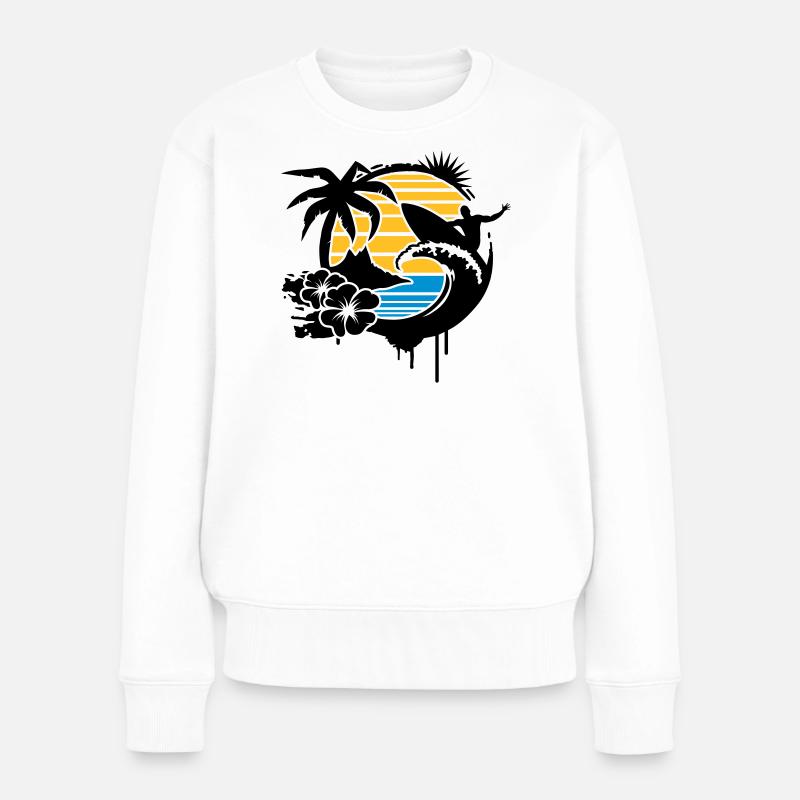 Surfing Graffiti -Palme,Hibiskusblüten,Insel,Welle - Frauen Premium Bio Pullover - Weiß