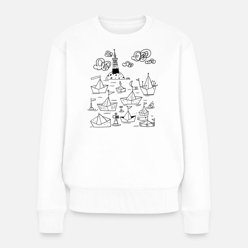 Papierschiffchen mit Leuchtturm - Frauen Premium Bio Pullover - Weiß