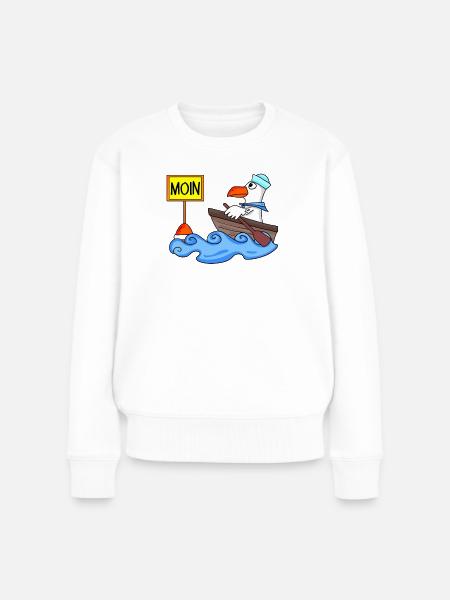 Moin Seemann Möwe Seemöwe Boot - Frauen Premium Bio Pullover - Weiß