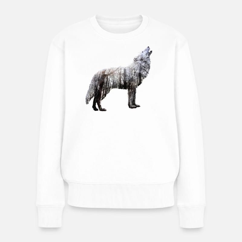 Wolf Wald Doppelbelichtung Natur - Frauen Premium Bio Pullover - Weiß