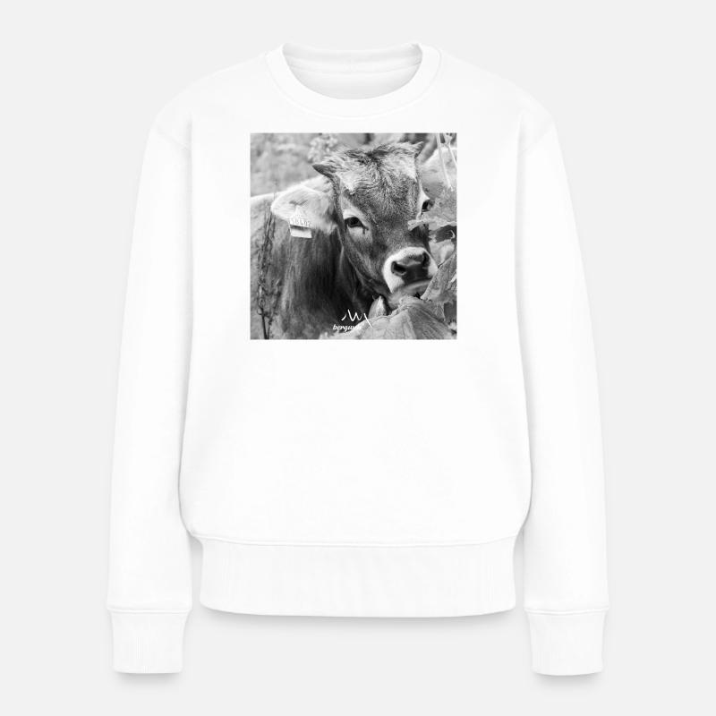 Schwarz-Weiß Fotodesign - Junges Kalb mit Charme - Frauen Premium Bio Pullover - Weiß