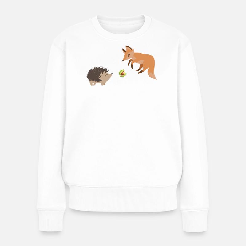 Fuchs und Igel spielen mit einer Kastanie Fußball - Frauen Premium Bio Pullover - Weiß