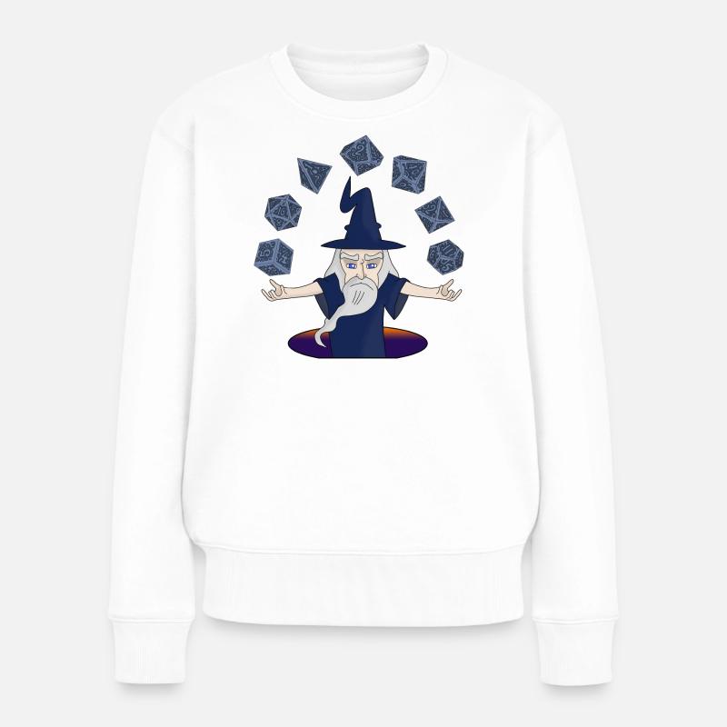 Ein Zauberer mit schwebenden Würfeln - Frauen Premium Bio Pullover - Weiß